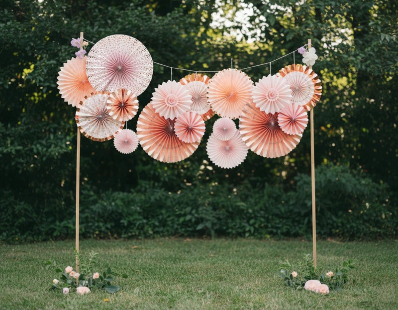 PapaKit Origami Wall Decoration Set (8 Assorted Round Paper Fans) Birthday Party Baby Shower Wedding Events Decor | Creative Art Design Pattern (Lustrous Pink Coral with Metallic Rose Gold) - Image 3